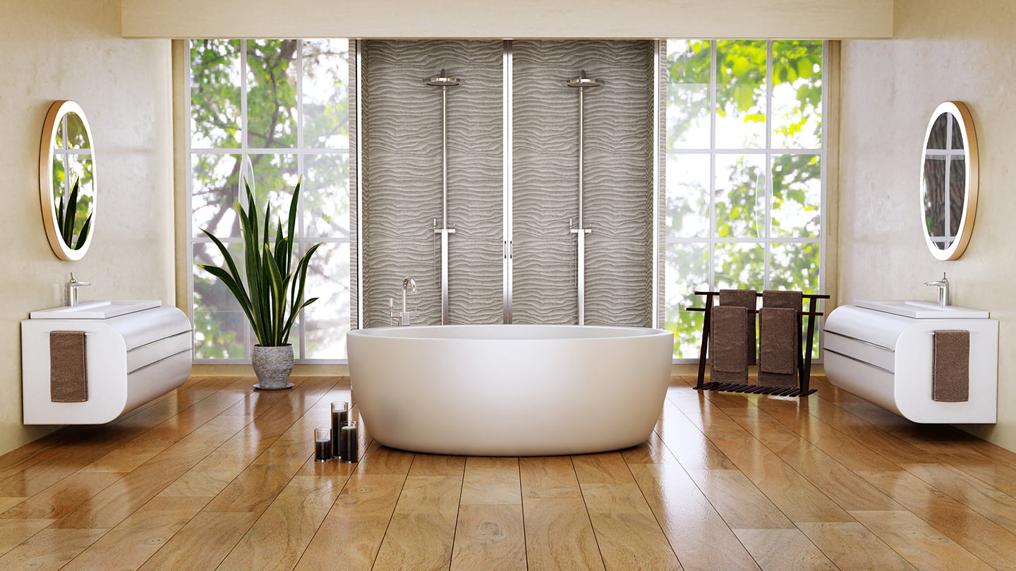 Modernes Badezimmer nach kompletter Badsanierung mit freistehender Badewanne
