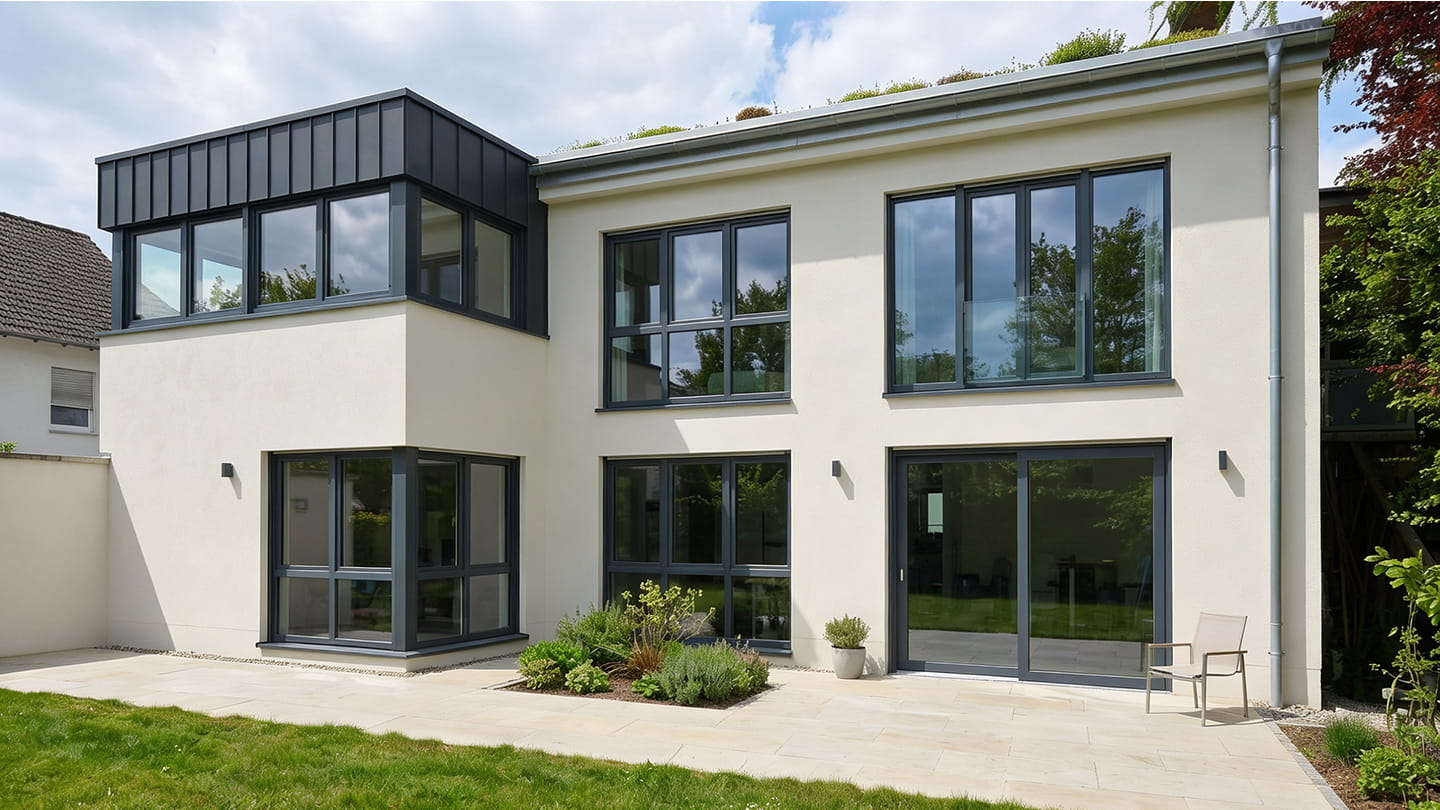 Fassadendämmung in Frankfurt an einem modernen Einfamilienhaus mit großen Fenstern.
